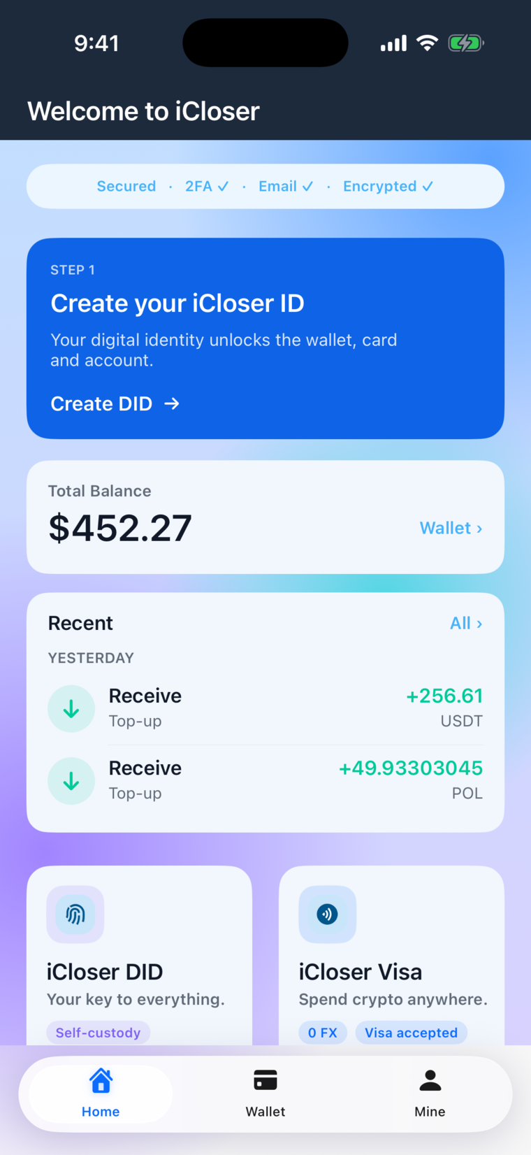 iCloser app on iPhone — home screen with demo data