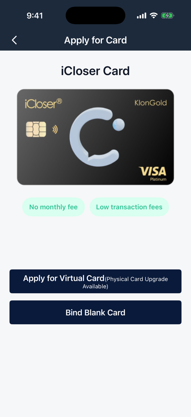 iCloser app — Visa card access (demo data)