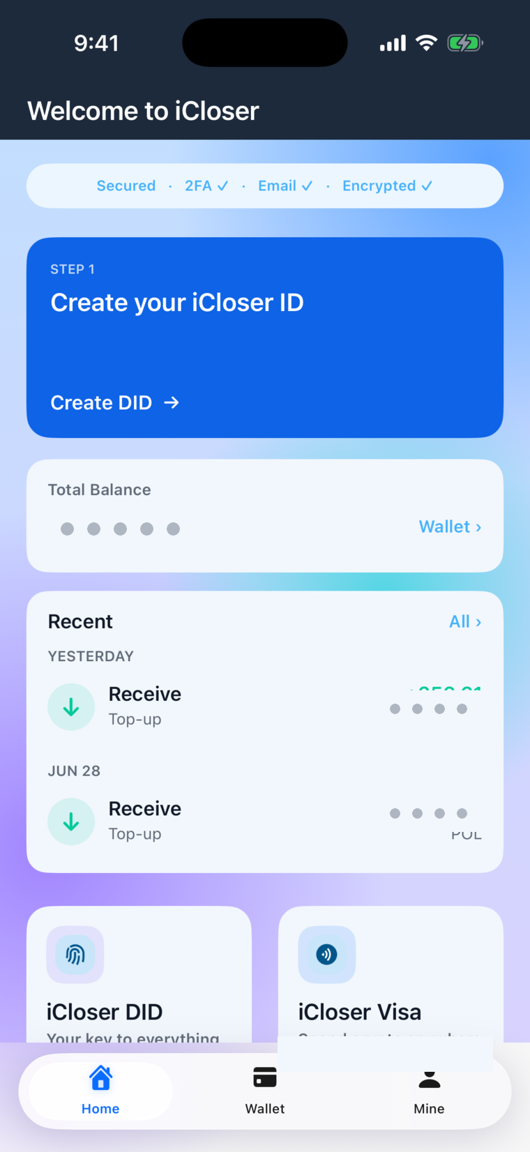 iCloser app — Home (demo data, balance masked)
