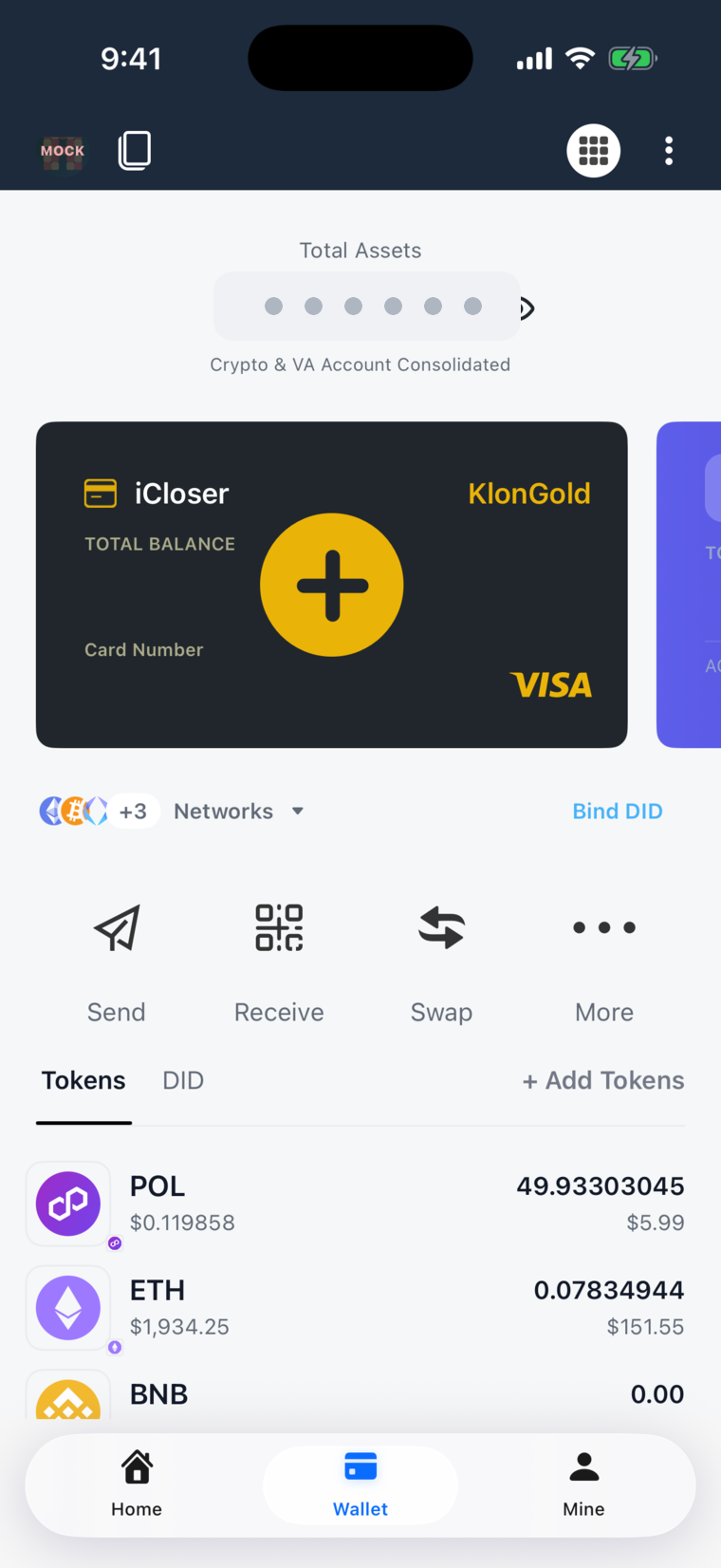 iCloser app — Wallet, balance masked (demo data)